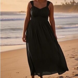 NWT Grace Karin Black Smocked Waist Maxi Dress Square Neck Sleeveless Flowy 2X #